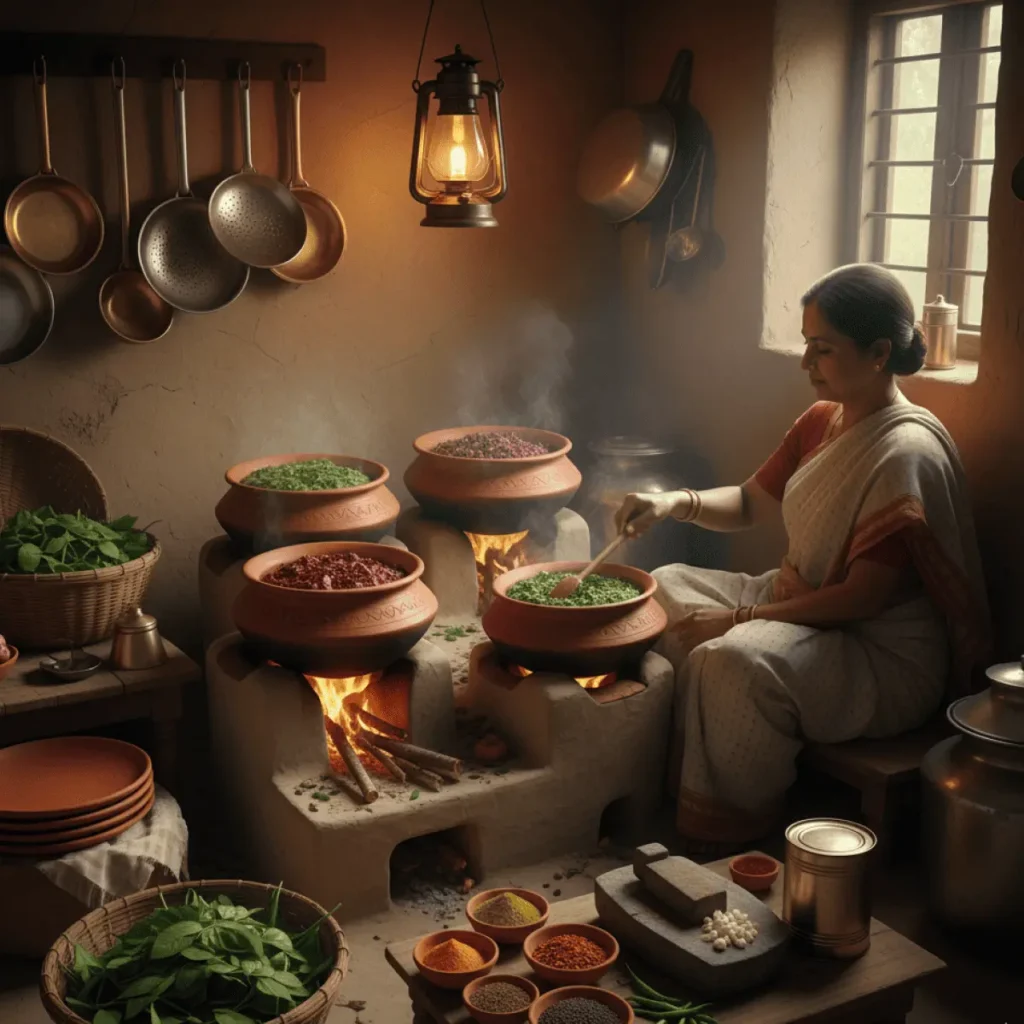 Traditional Bengali kitchen preparing various shak dishes with authentic cooking methods