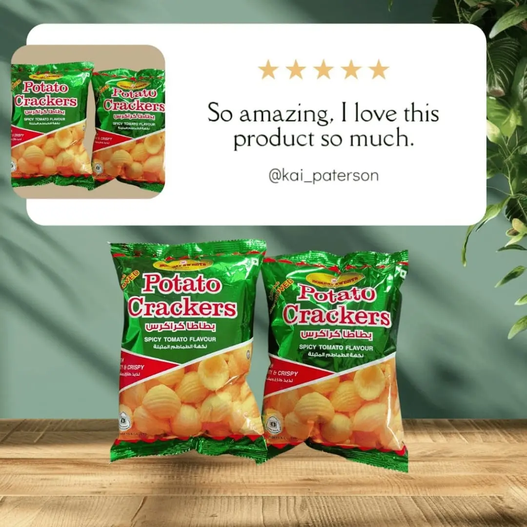 bombay-sweets-spicy-tomato-potato-crackers A 5-star customer review for Bombay Sweets Potato Crackers stating 'So amazing, I love this product so much.