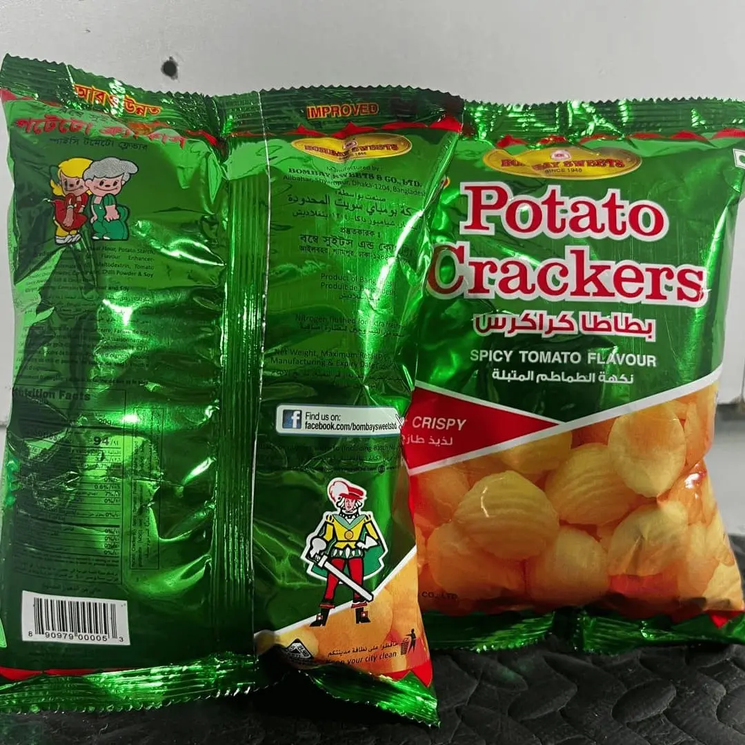 bombay-sweets-spicy-tomato-potato-crackers The back of the Bombay Sweets Potato Crackers package showing ingredients and company information.