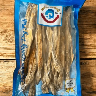 Sea King Dry Lotia Fish (Loitta Shutki) on a rustic wooden background