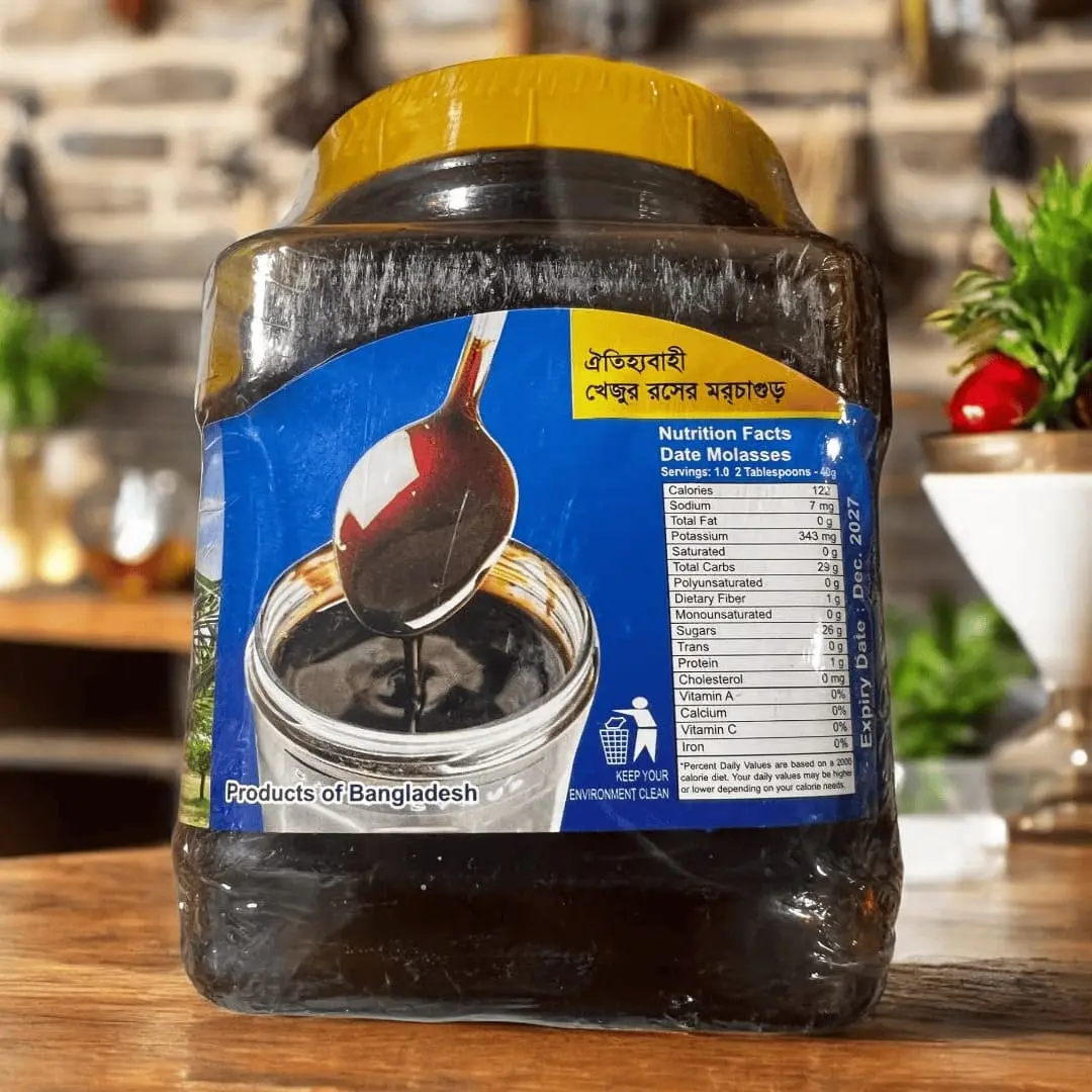 hoque-date-molasses-khejur-gur The nutrition facts label and serving suggestion for Hoque Date Molasses, a product of Bangladesh.