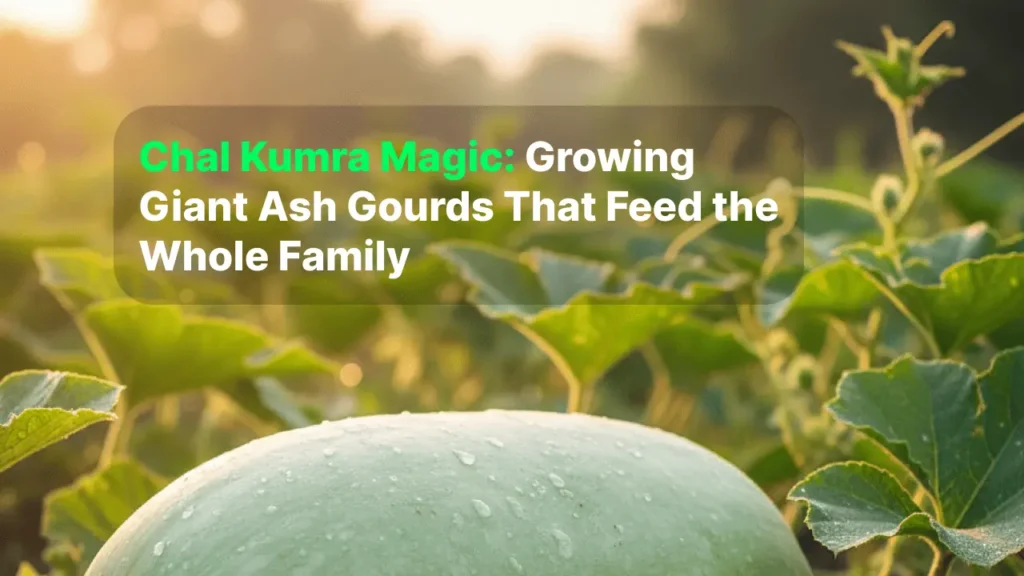 Massive vine-ripened Chal Kumra (Ash Gourd) in a garden, showing its huge size and waxy coating.