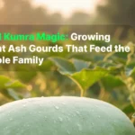 Massive vine-ripened Chal Kumra (Ash Gourd) in a garden, showing its huge size and waxy coating.