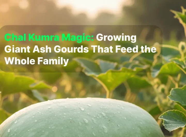 Massive vine-ripened Chal Kumra (Ash Gourd) in a garden, showing its huge size and waxy coating.