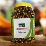 A clear jar of New Hoque & Sons Inc. Yellow Roasted Chana, a healthy high-protein roasted chickpea snack.