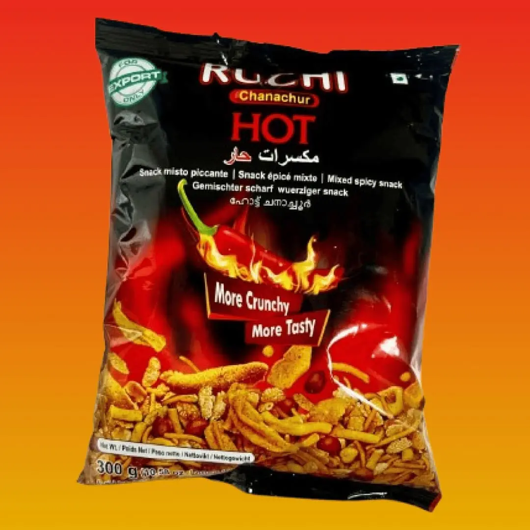 ruchi-hot-chanachur-spicy-bangladeshi-snack-mix A black bag of Ruchi Hot Chanachur, a crunchy and spicy mixed snack from Bangladesh.