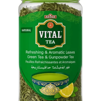 Astar Vital Green Tea & Gunpowder Tea, natural refreshing loose leaf, with a bright green label and lime slice.