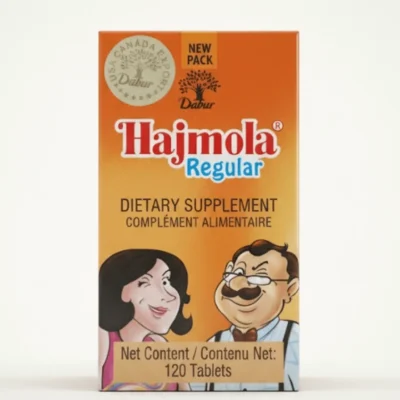 Dabur Hajmola Regular Dietary Supplement tablets, 120 count box, natural digestive aid.