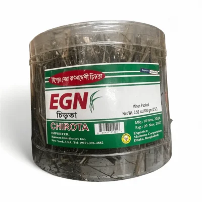 EGN Chirota dried herb (bitter herb twigs) in a clear plastic jar, Net Wt. 3.50 oz/100 gm.