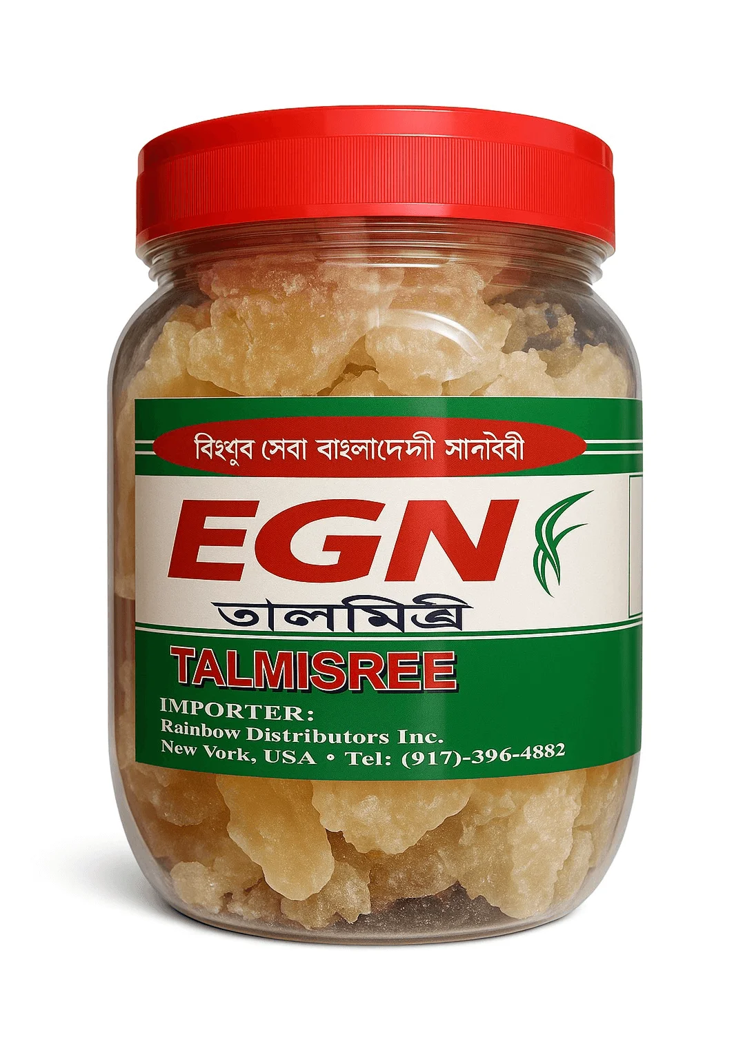 egn-talmisree-palm-sugar-candy-jar-importer EGN Talmisree Palm Sugar Rock Candy in a jar, imported by Rainbow Distributors Inc., New York, USA.