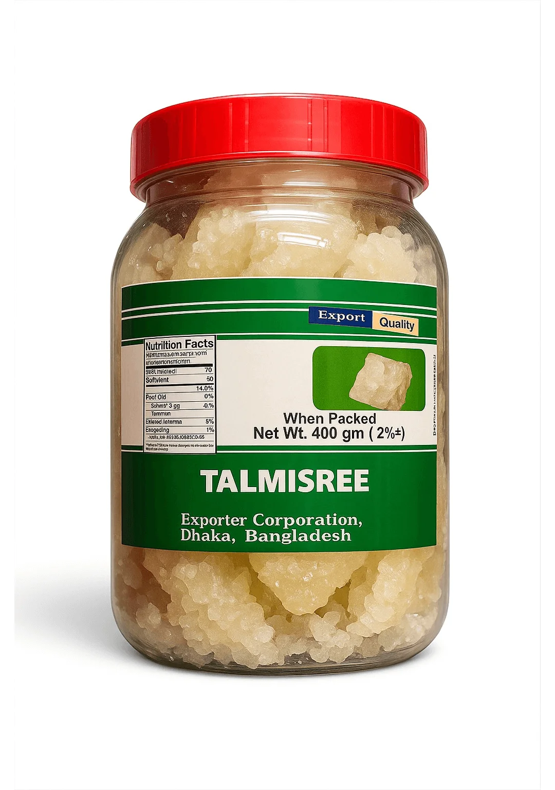 egn-talmisree-palm-sugar-candy-jar-importer Back label of EGN Talmisree jar showing Nutrition Facts and Export Quality designation.