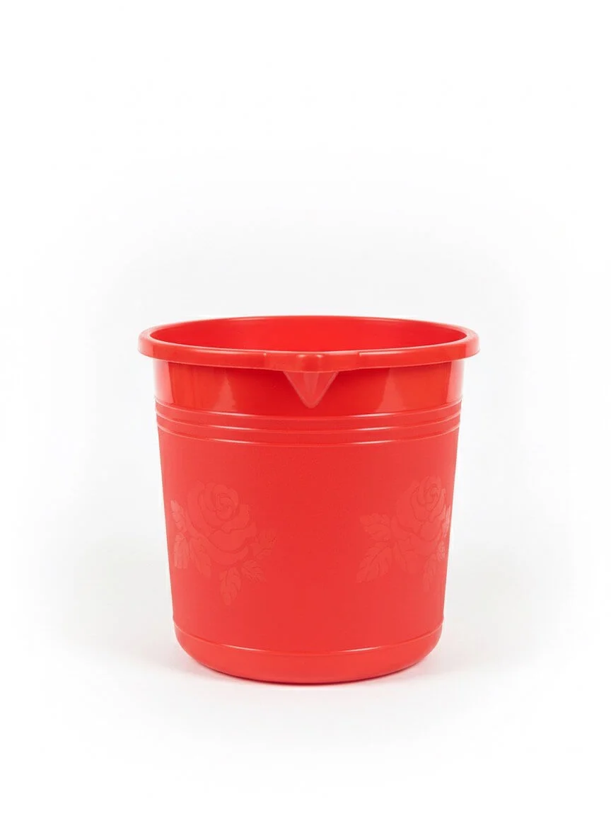 red-plastic-storage-bucket-household-use Red Plastic Storage Pail, Household Utility Bucket, Rose Pattern