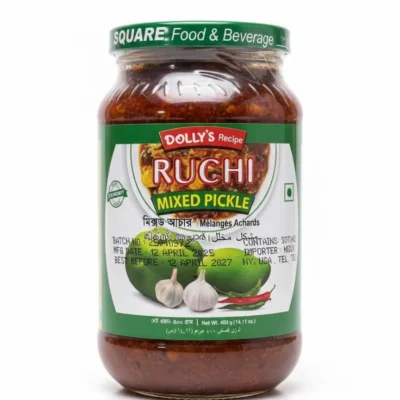 RUCHI Dolly's Recipe Mixed Pickle jar, containing mango, garlic, and chili in a spicy oil blend, 400g.