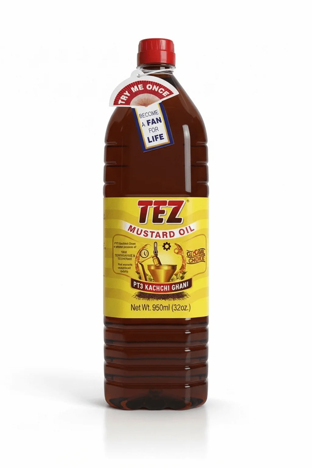 tez-kachchi-ghani-mustard-oil-front-us Tez Kachchi Ghani Mustard Oil 950ml bottle, raw pressed, Global Choice brand for cooking.