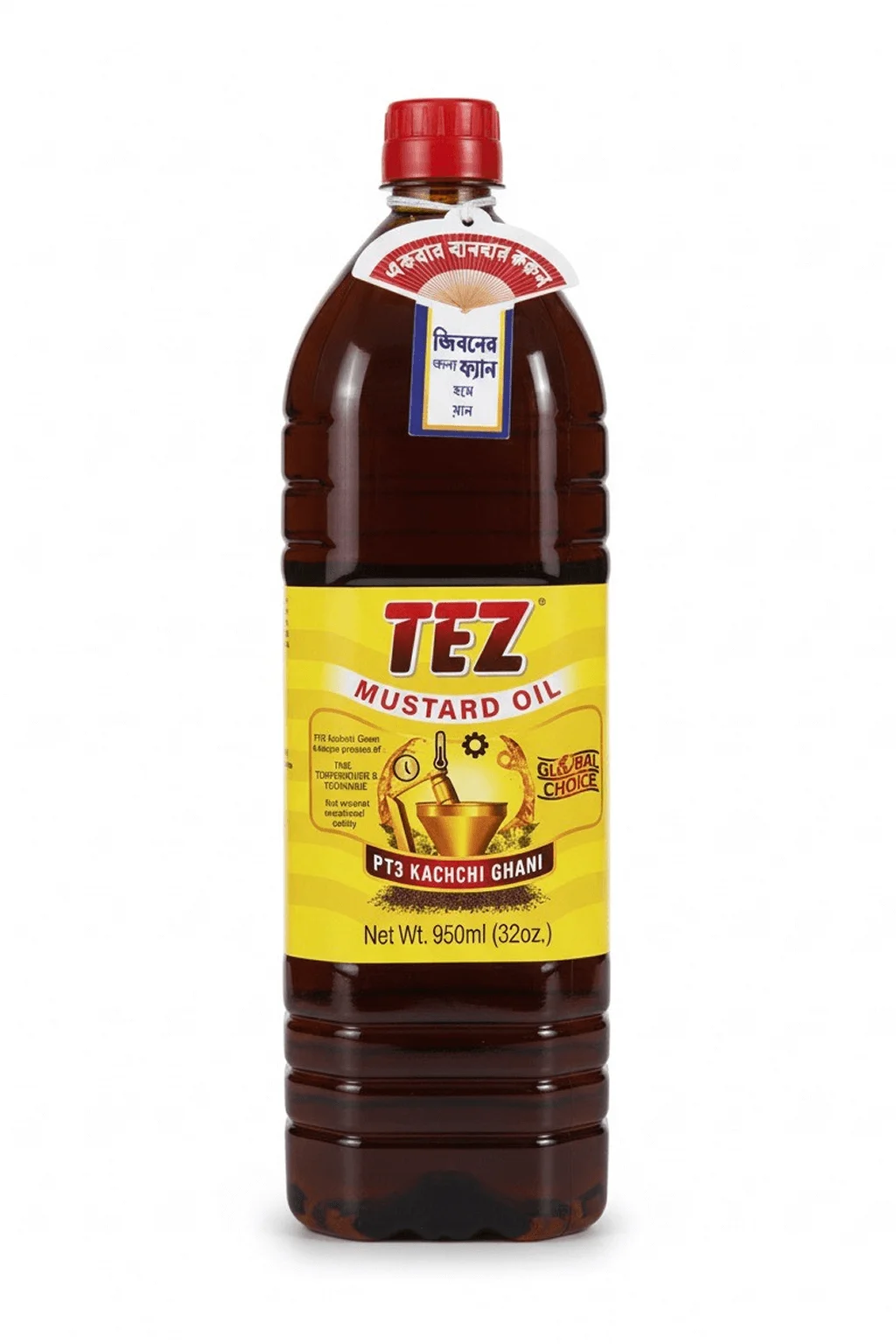 tez-kachchi-ghani-mustard-oil-front-us Tez Kachchi Ghani Mustard Oil 950ml, front view with English label, USA distribution ready.