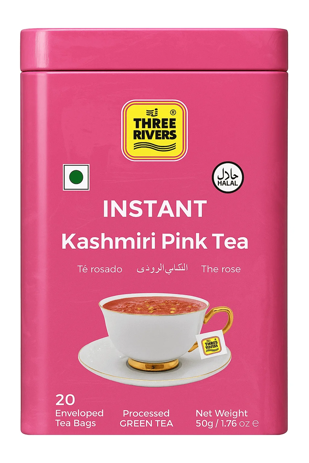 three-rivers-instant-kashmiri-pink-tea-mix Three Rivers Instant Kashmiri Pink Tea, 20 bags, bright pink packaging with HALAL certification and green tea base.