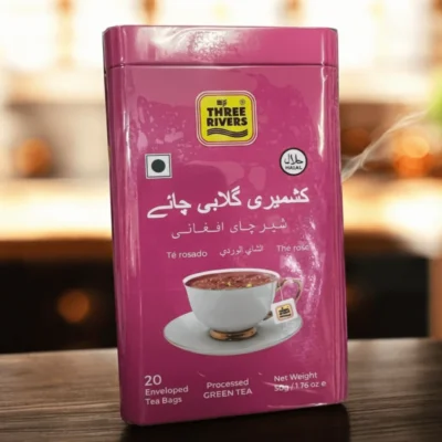 Three Rivers Instant Kashmiri Pink Tea mix, 20 tea bags, Halal processed green tea in a pink tin.
