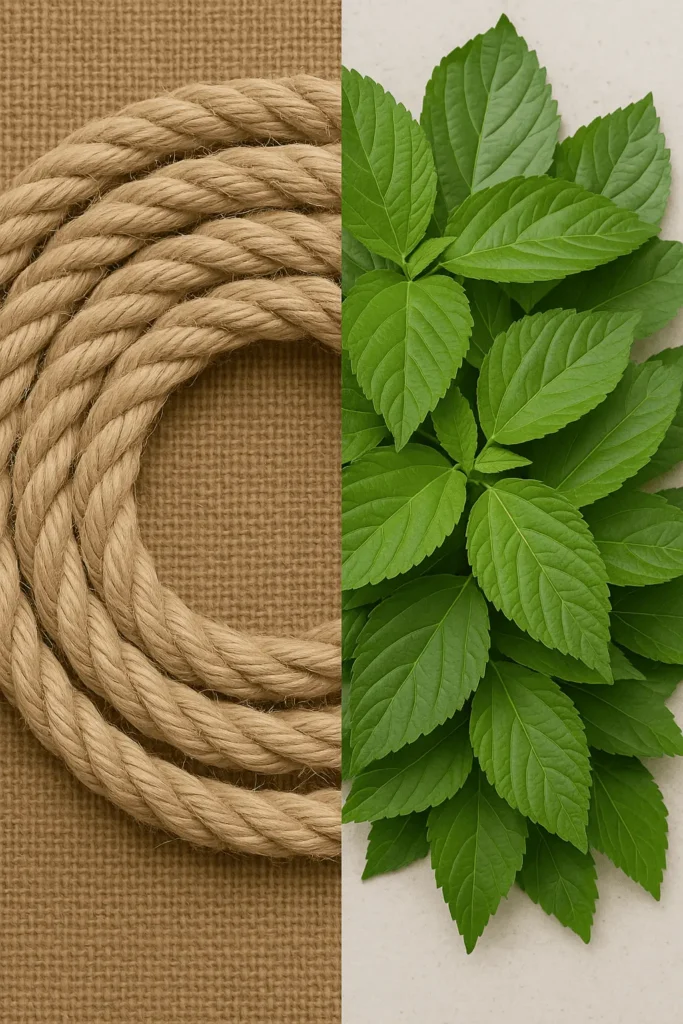 Split-screen image contrasting a coil of brown jute rope on the left with fresh, vibrant green Pat Shak leaves on the right.