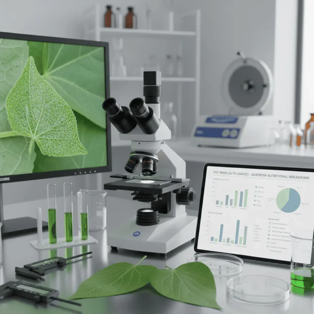 A modern laboratory setting featuring a microscope, test tubes, and screens displaying scientific analysis and nutritional charts of Pat Shak (Jute leaves).
