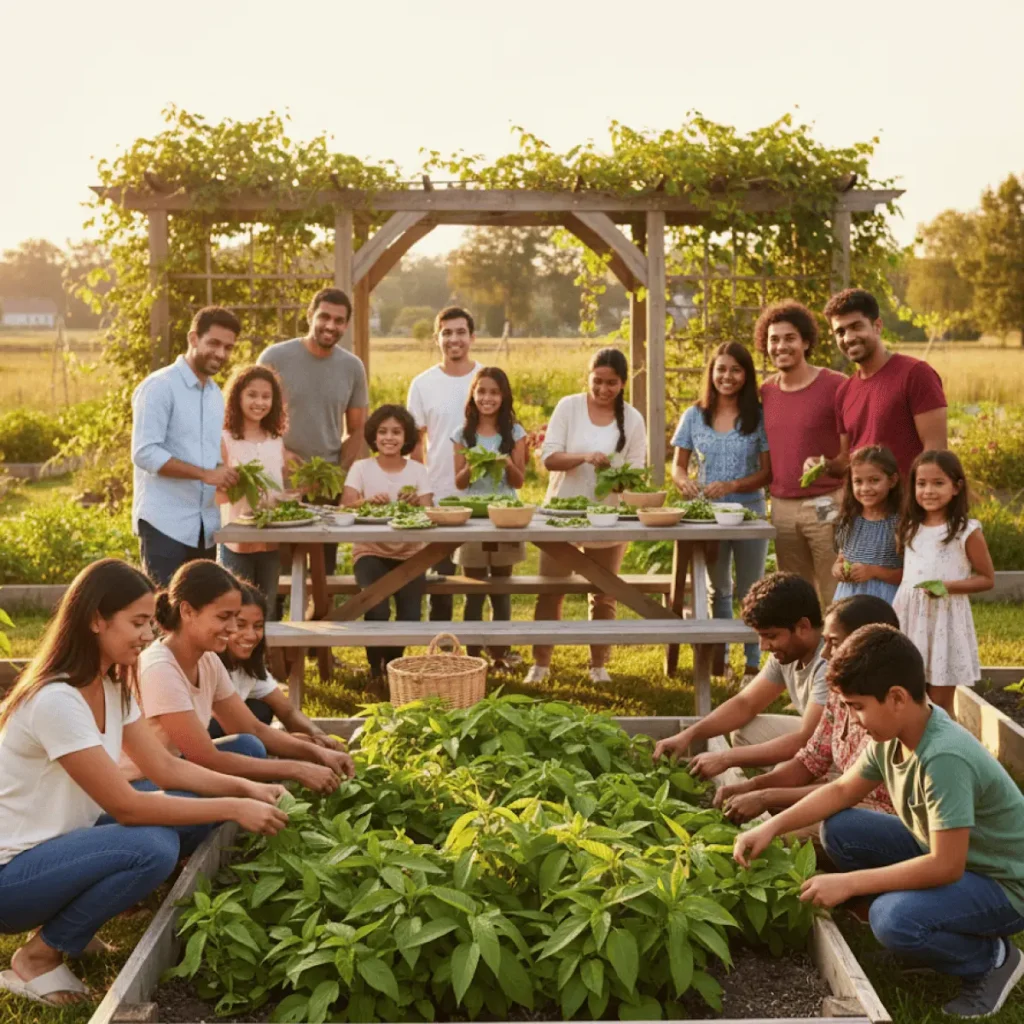 A diverse group of adults and children smiling while harvesting and preparing green leafy vegetables in a sunny community garden.