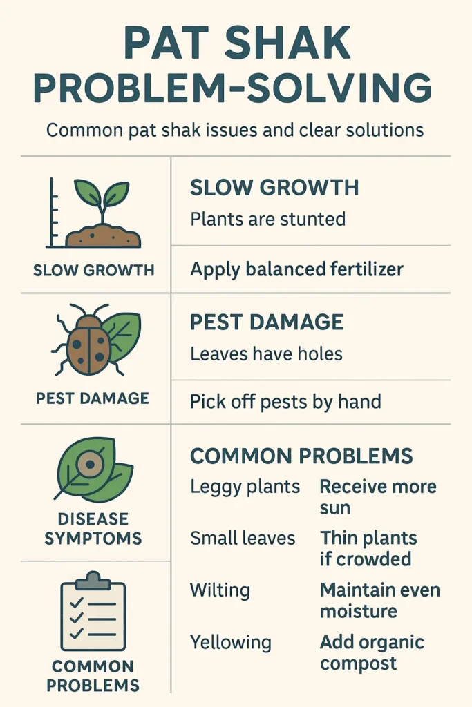Infographic titled "Pat Shak Problem-Solving" listing common growing issues like slow growth, pest damage, and disease, along with their solutions.