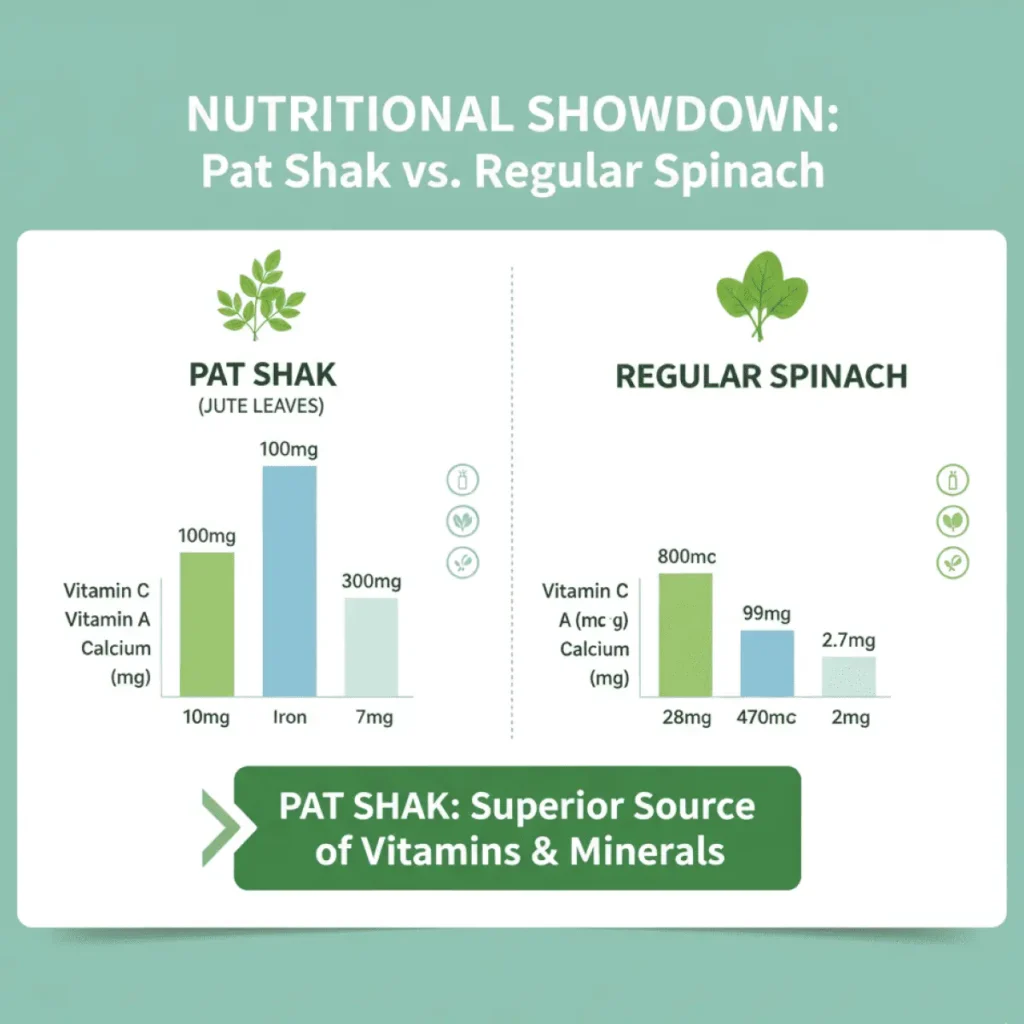 Bar chart comparison titled "Nutritional Showdown" showing Pat Shak has significantly higher Vitamin A, C, and Iron levels than regular spinach.