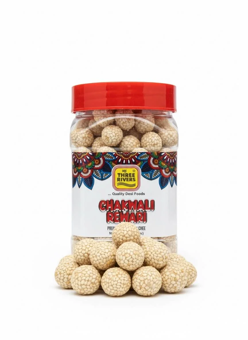 chakwali-rewari-three-rivers-spilled-product Chakwali Rewari Three Rivers Brand, Spilled Sesame Balls, Indian Sweet