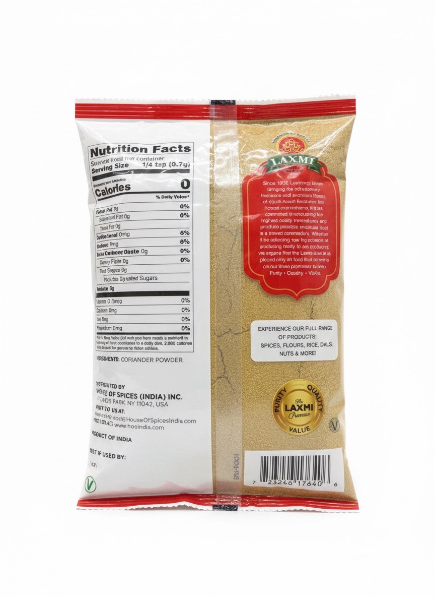 laxmi-coriander-powder-dhania-14oz-front-nongmo Laxmi Coriander Powder Nutrition Facts, Ingredients, 0 Calories/Serving