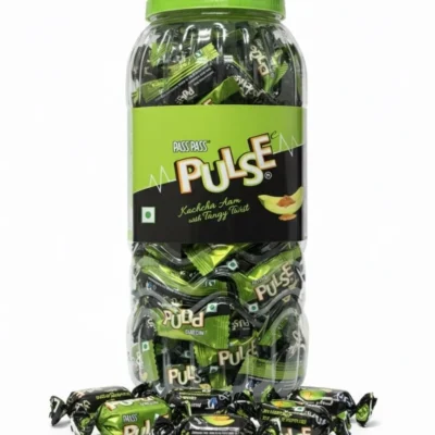 Pulse Kachcha Aam Candy Jar with Wrapped Pieces Scattered