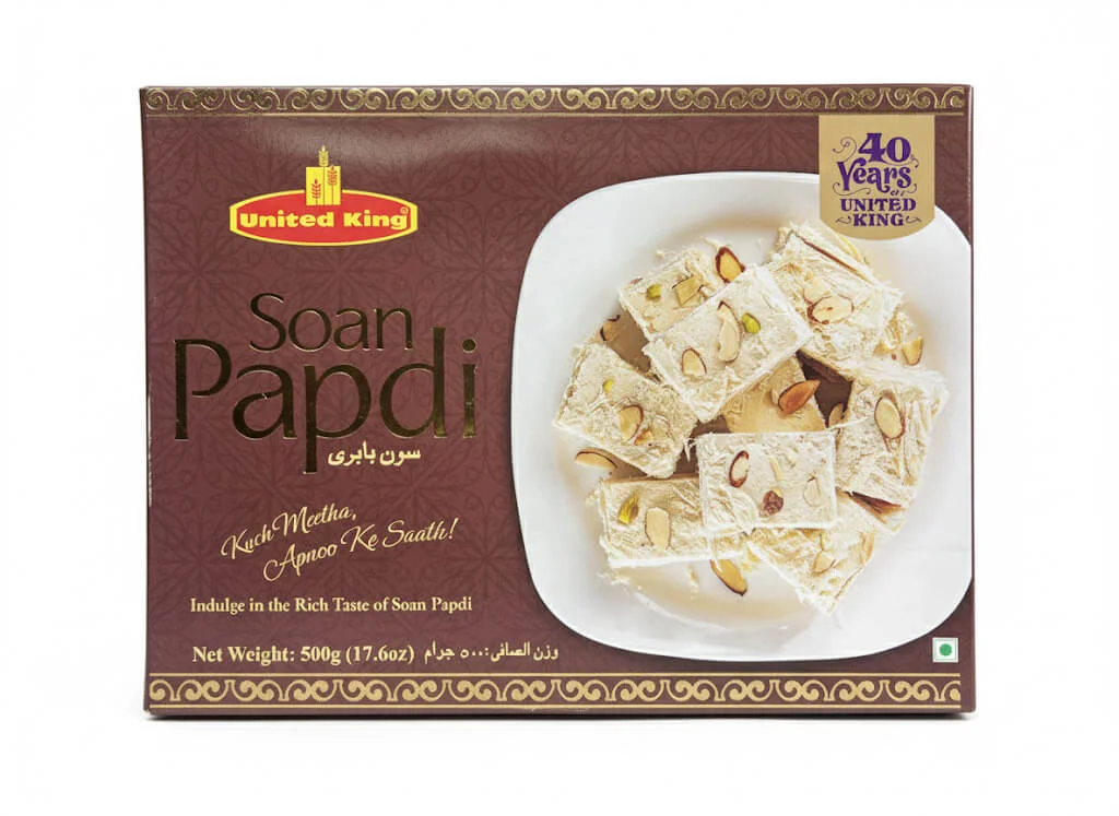 united-king-soan-papdi-500g-front United King Soan Papdi Sweet 500g, Flaky Indian Dessert, Pistachio Almond