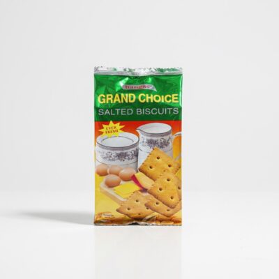 Front view of Bangas Grand Choice Salted Biscuits green and yellow packaging featuring eggs, cheese, and biscuits.