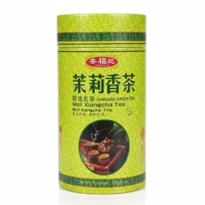 Front view of a lime green Cha Fu Ji Moli Xiangcha Jasmine Scented Green Tea canister.