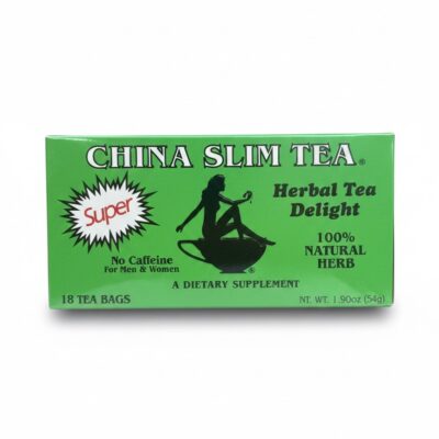 Front of China Slim Tea Herbal Tea Delight box featuring a silhouette of a woman on a tea cup.