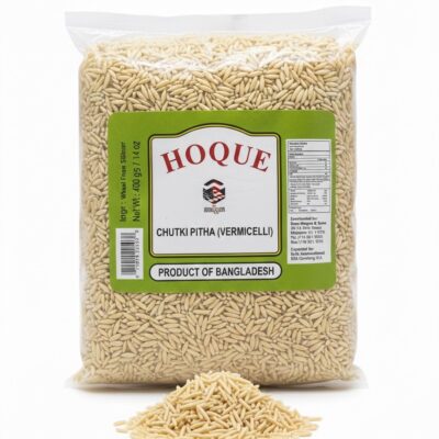 Hoque Chutki Pitha vermicelli display showing the dry, grain-shaped pasta outside the packaging.