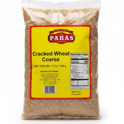 2 lb bag of Paras Cracked Wheat Coarse (Product of Canada) with yellow label and nutrition information.