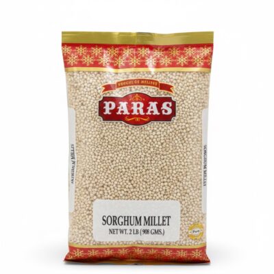 A 2 lb bag of Paras brand Sorghum Millet (Jowar) with a clear window showing the white grains.