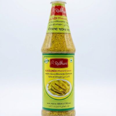 Close-up of Radhuni Kasundi nutrition facts and ingredient list including mustard seeds and green mango.