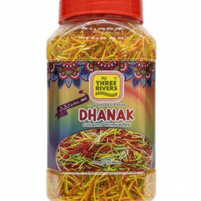 Three Rivers Dhanak colored vermicellies 500g jar for traditional South Asian desserts.