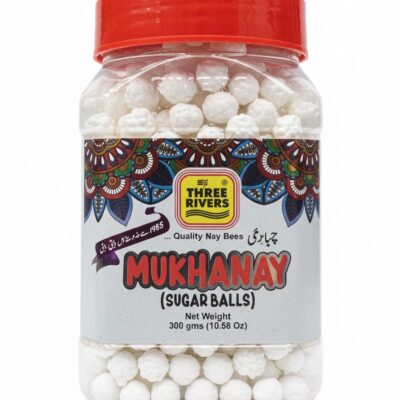 Three Rivers Mukhanay (Sugar Balls) 300g jar, traditional South Asian sweet treat.