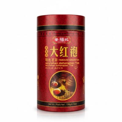 Red canister of Cha Fu Ji Wuyishan Dahongpao Tea (Big Red Robe Oolong).